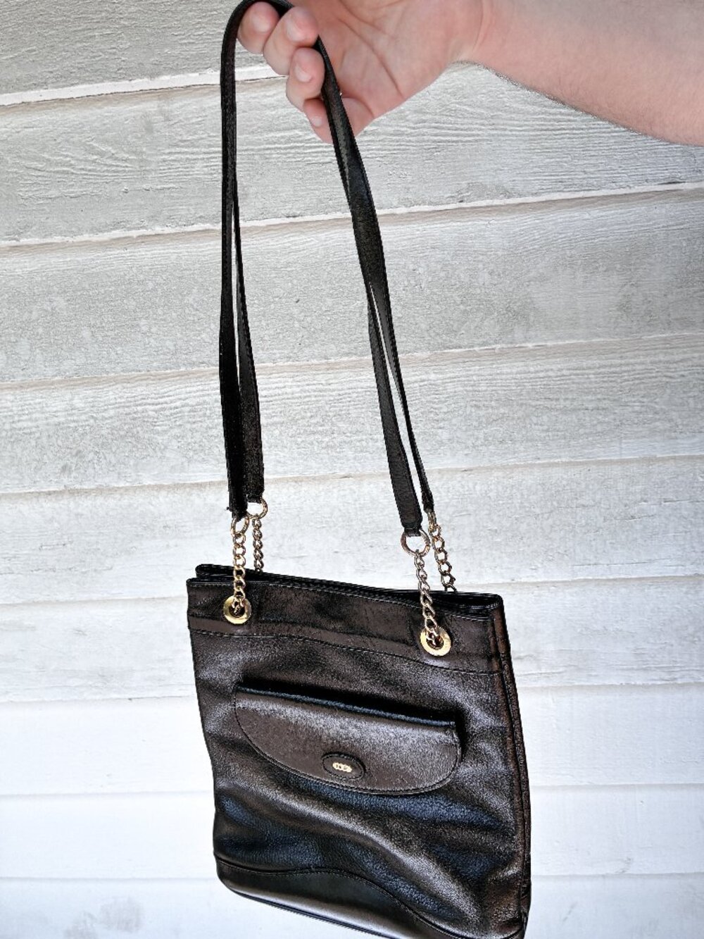 Vintage Bally Black Pebbled Leather Shoulder Bag Purse with Gold Chain Hardware